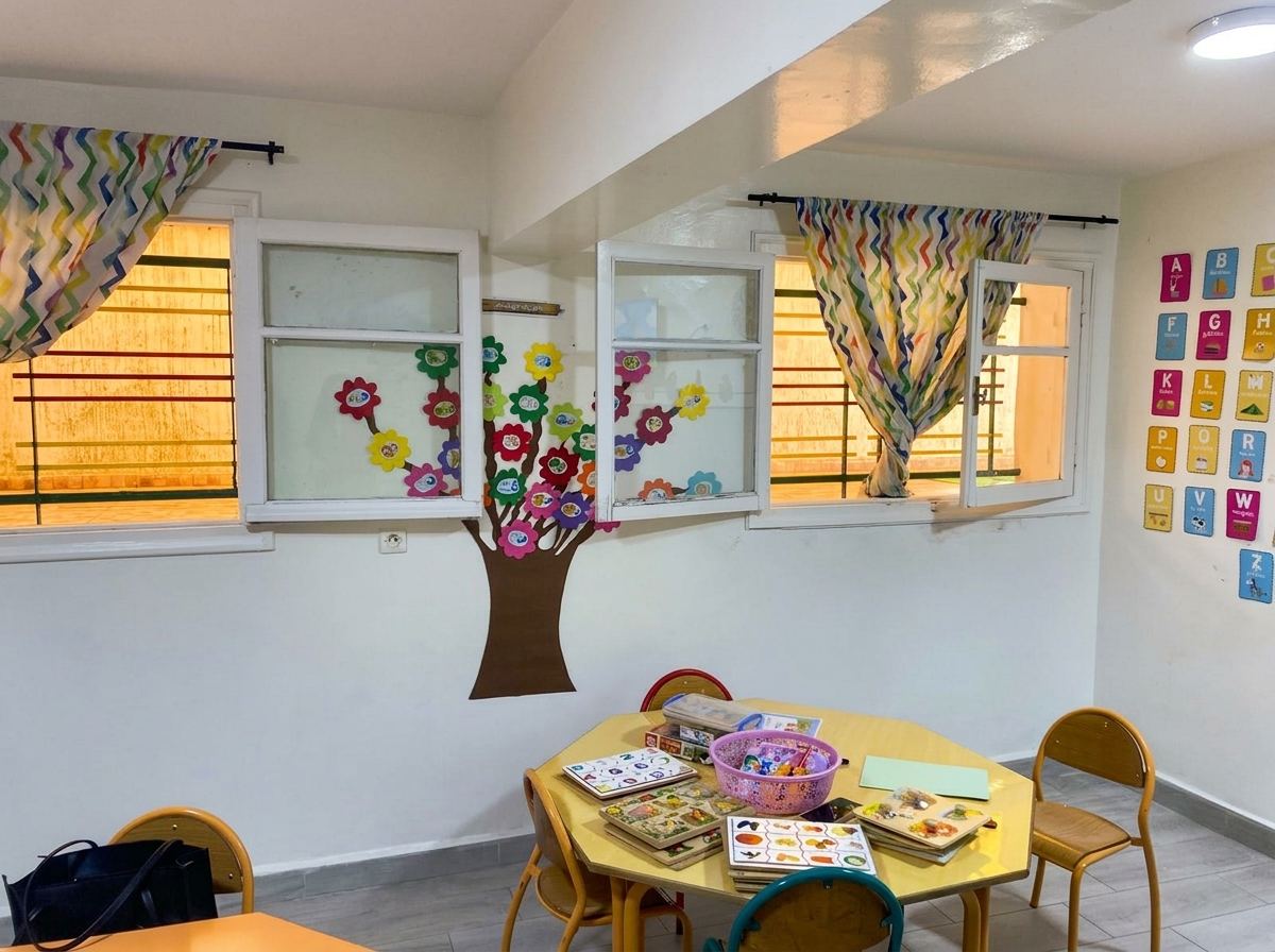 Classe de maternelle à Meknès : table d'activités avec puzzles et jeux éducatifs