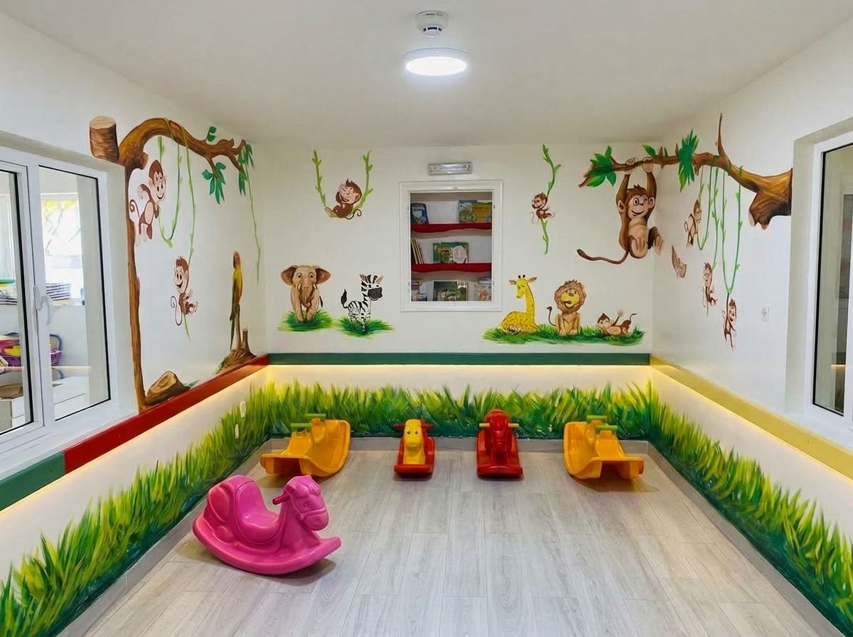 Salle de motricité de la maternelle décorée d'une fresque d'animaux, avec jeux à bascule